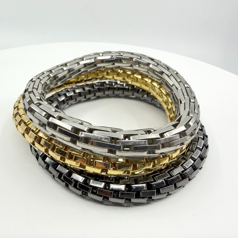 Y2K Tri-Tone Box Link Stacking Bracelet Set - Mixed Metal Fashion Jewelry